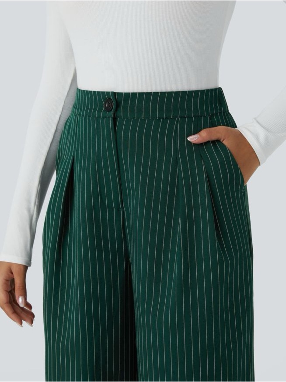 Halara Dark Green Pinstripe Wide Leg Trousers - Picture 3 of 4